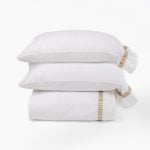 Amity home savona sheet set in white with caramel   striped embroidered border