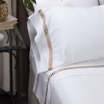 Amity home savona sheet set in white with caramel   embroidered stripe detail