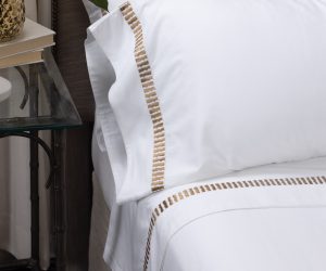 Amity home savona sheet set in white with caramel   embroidered stripe detail