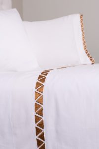 Amity home turin sheet set in white with ochre   geometric embroidery