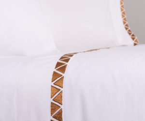 Amity home turin sheet set in white with ochre   geometric embroidery