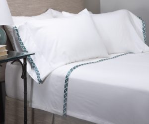 Amity home turin sheet set in white   peacock teal embroidered border