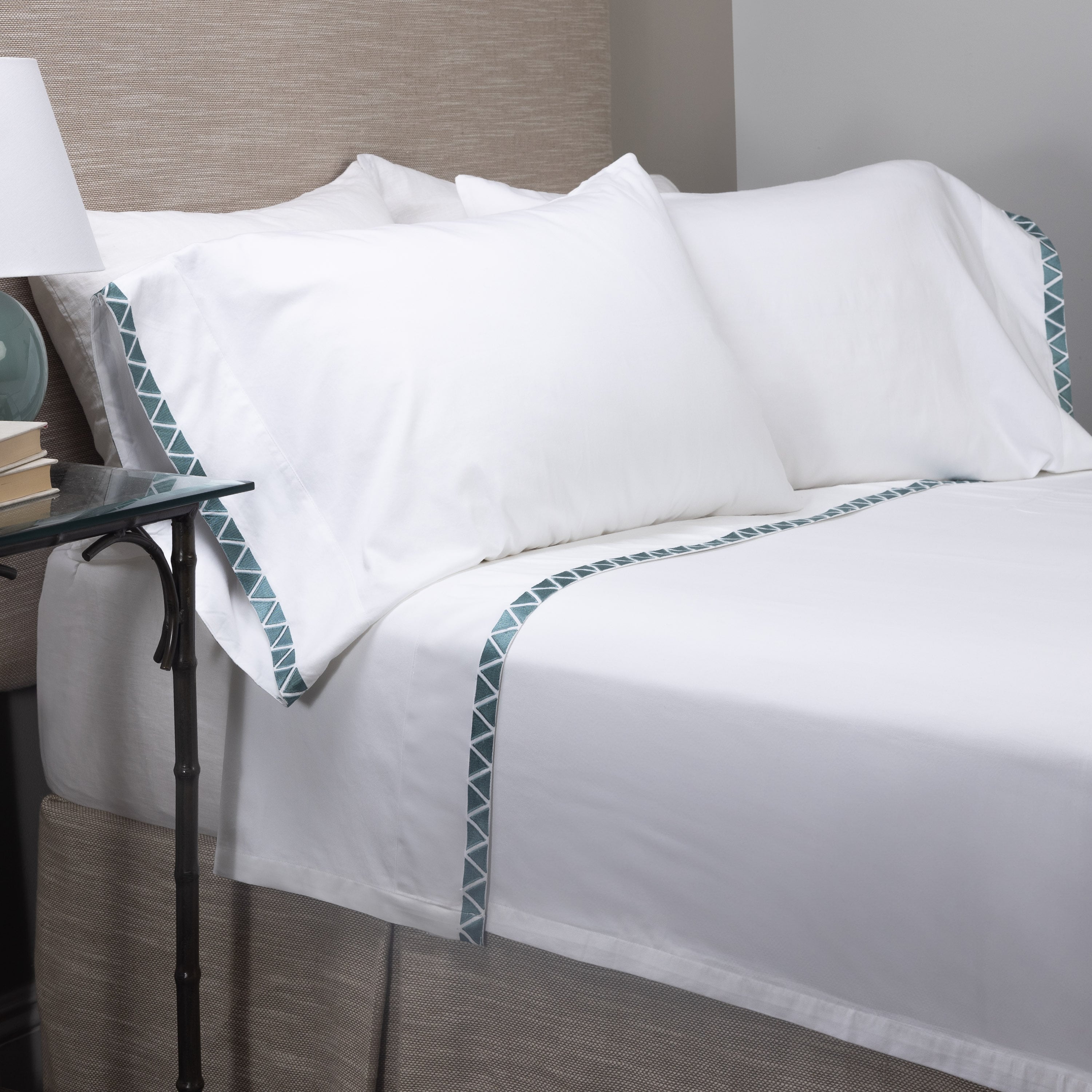 17203p69 | Amity Home Amity home turin sheet set in white peacock teal embroidered border