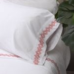 Amity home amalfi sheet set in white with coral embroidery   geometric border