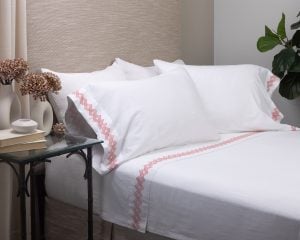 Amity home amalfi sheet set in white with coral embroidery   geometric pattern