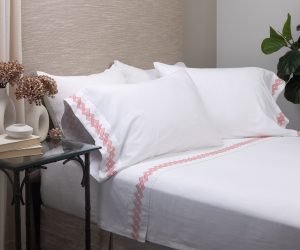 Amity home amalfi sheet set in white with coral embroidery   geometric pattern