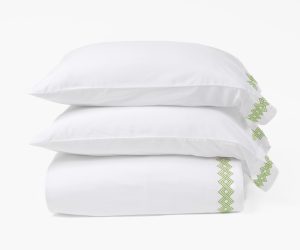 Amity home amalfi sheet set in white with lemongrass   geometric embroidery