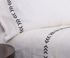 Amity home kith sheet set in natural with asphalt pattern   chevron embroidery