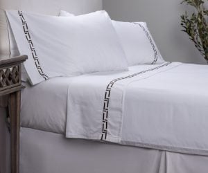 Amity home ellis sheet set in white with cypress   geometric embroidery