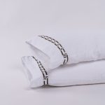 Amity home ellis sheet set in white with cypress embroidery   geometric border