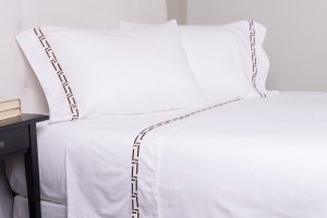 Amity home ellis sheet set in white with saddle   geometric border