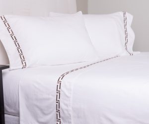Amity home ellis sheet set in white with saddle   geometric border