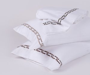 Amity home ellis sheet set in white with cypress border   geometric embroidered trim