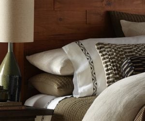 Amity home treva sheet set in cypress   geometric embroidered trim