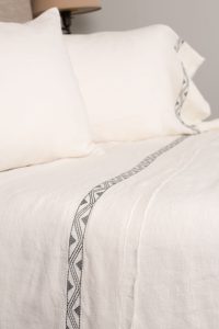 Amity home treva sheet set in stone   dark grey geometric embroidered band