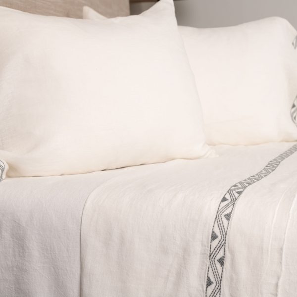 Amity home treva sheet set in stone   geometric embroidered border