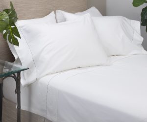 Amity home talo sheet set in white with grey   dashed stitch detail