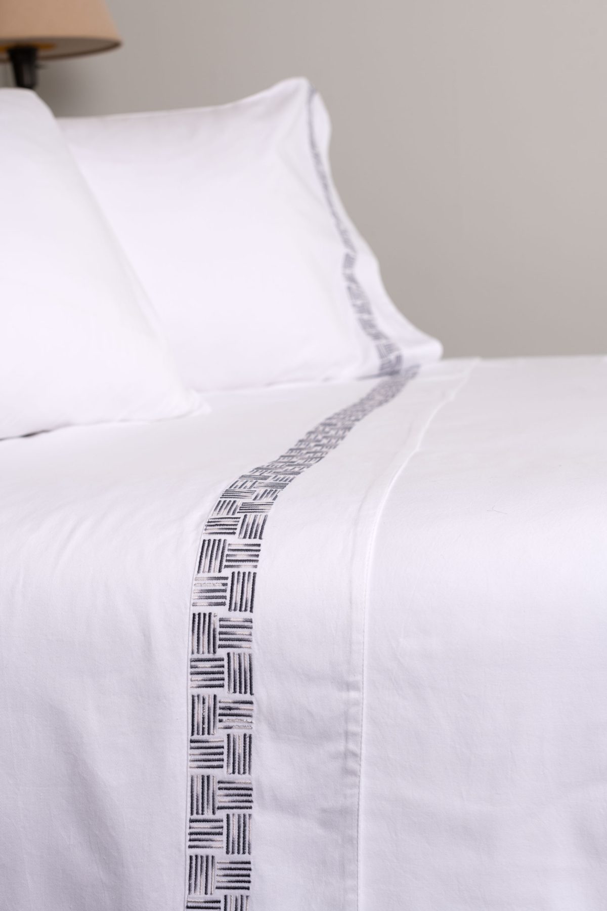 Amity home ansel sheet set in stone   geometric embroidered band