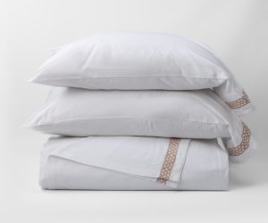 Amity home bronte sheet set in white with tan embroidery   geometric pattern