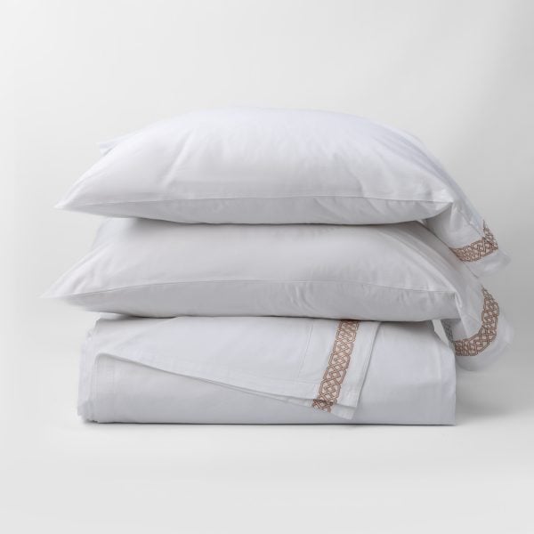 Amity Home Bronte Sheet Set in White with Tan Embroidery - Geometric Pattern