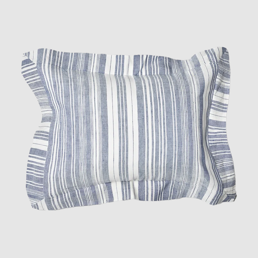 Bc822b16 | Amity Home Striped blue and white pillow on a light gray background informative