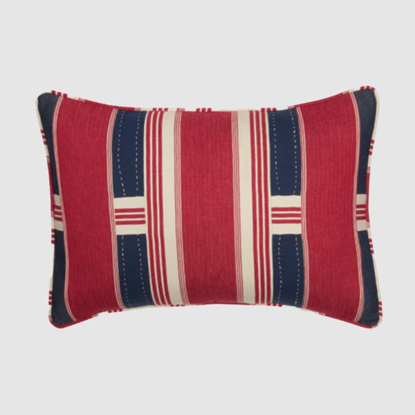 Red white and navy striped decorative pillow for a sofa or bed