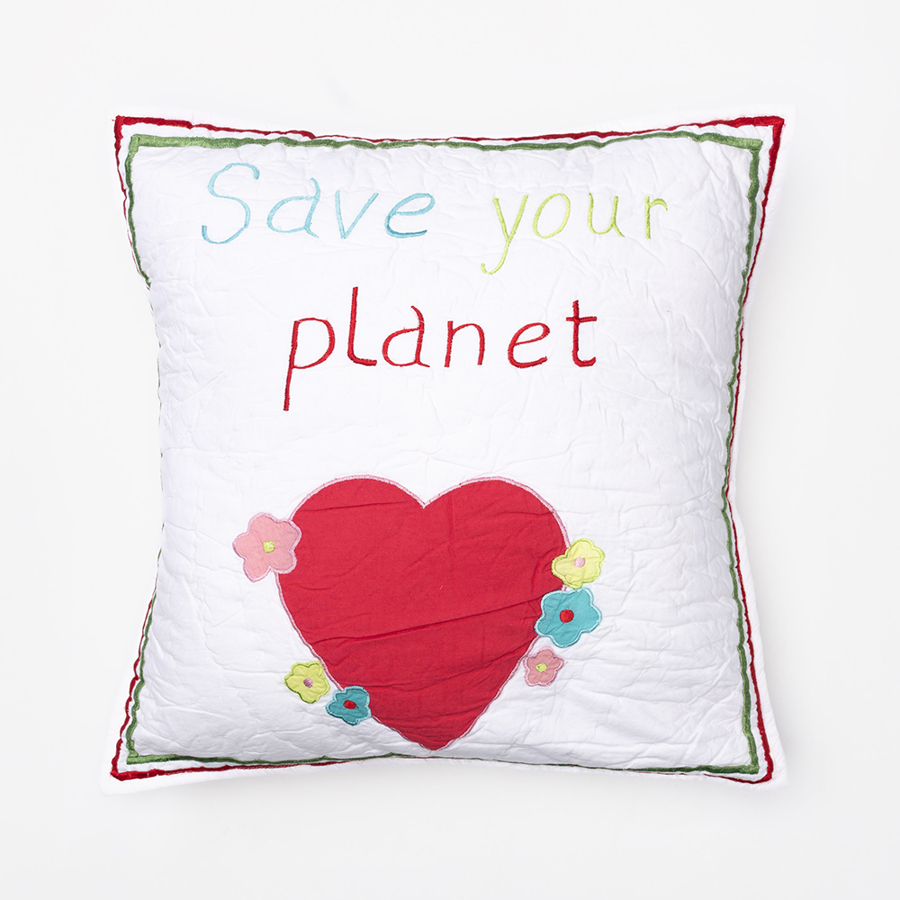 Cc592sp16 | Amity Home White decorative pillow with save your planet embroidered text a red heart and colorful flower accents