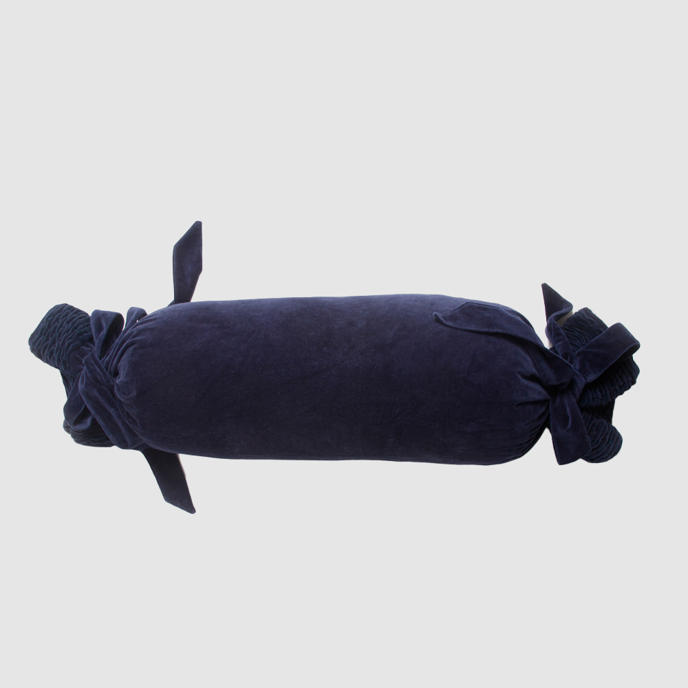 Cc745blb | Amity Home Navy blue velvet bolster pillow with knotted tassels at each end