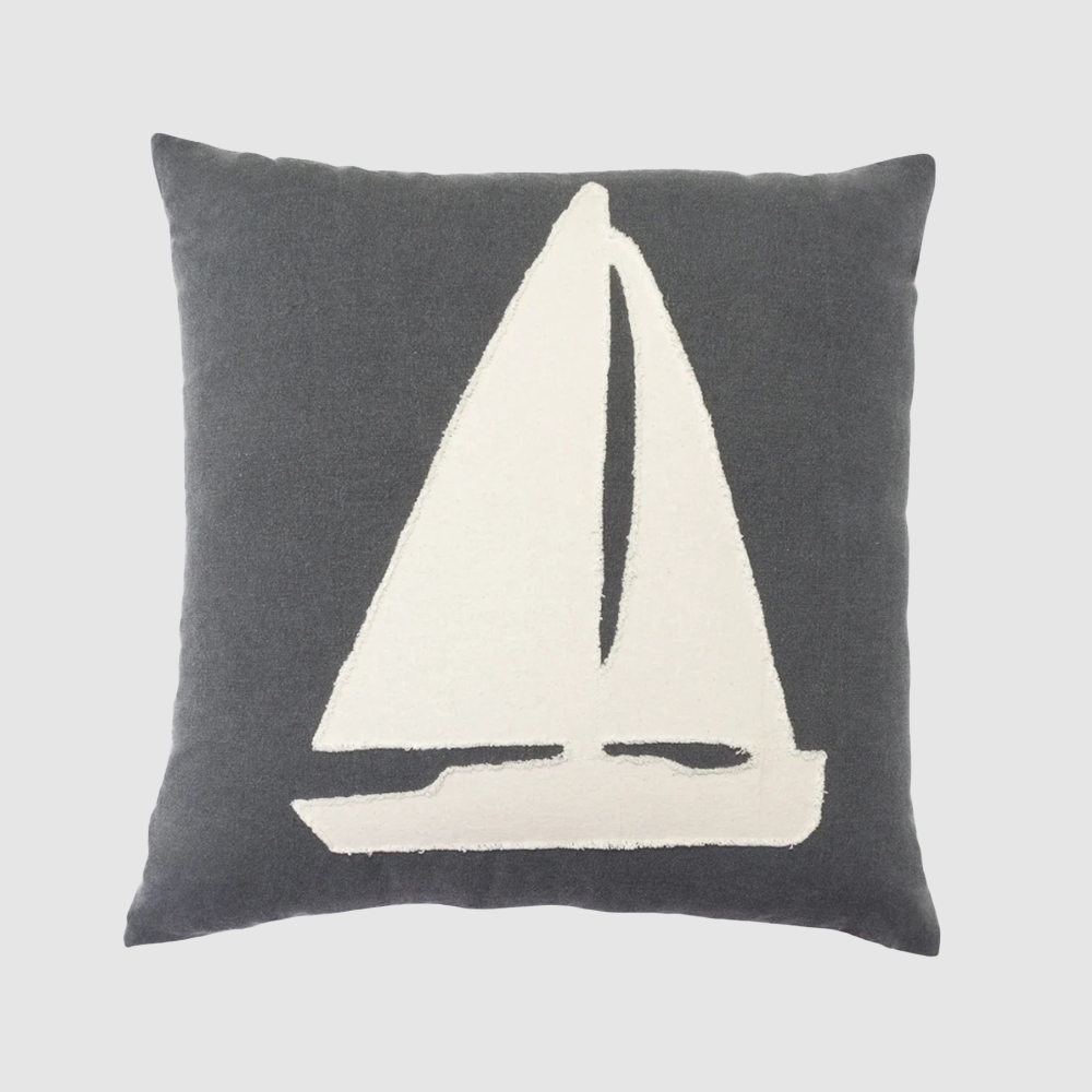 Cc916 | Amity Home Grey decorative pillow with a white sailboat graphic