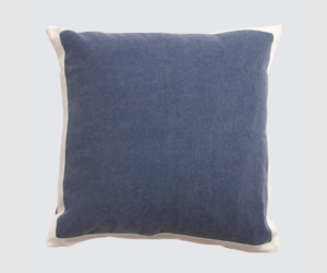 Blue square decorative pillow with off white piping along edges