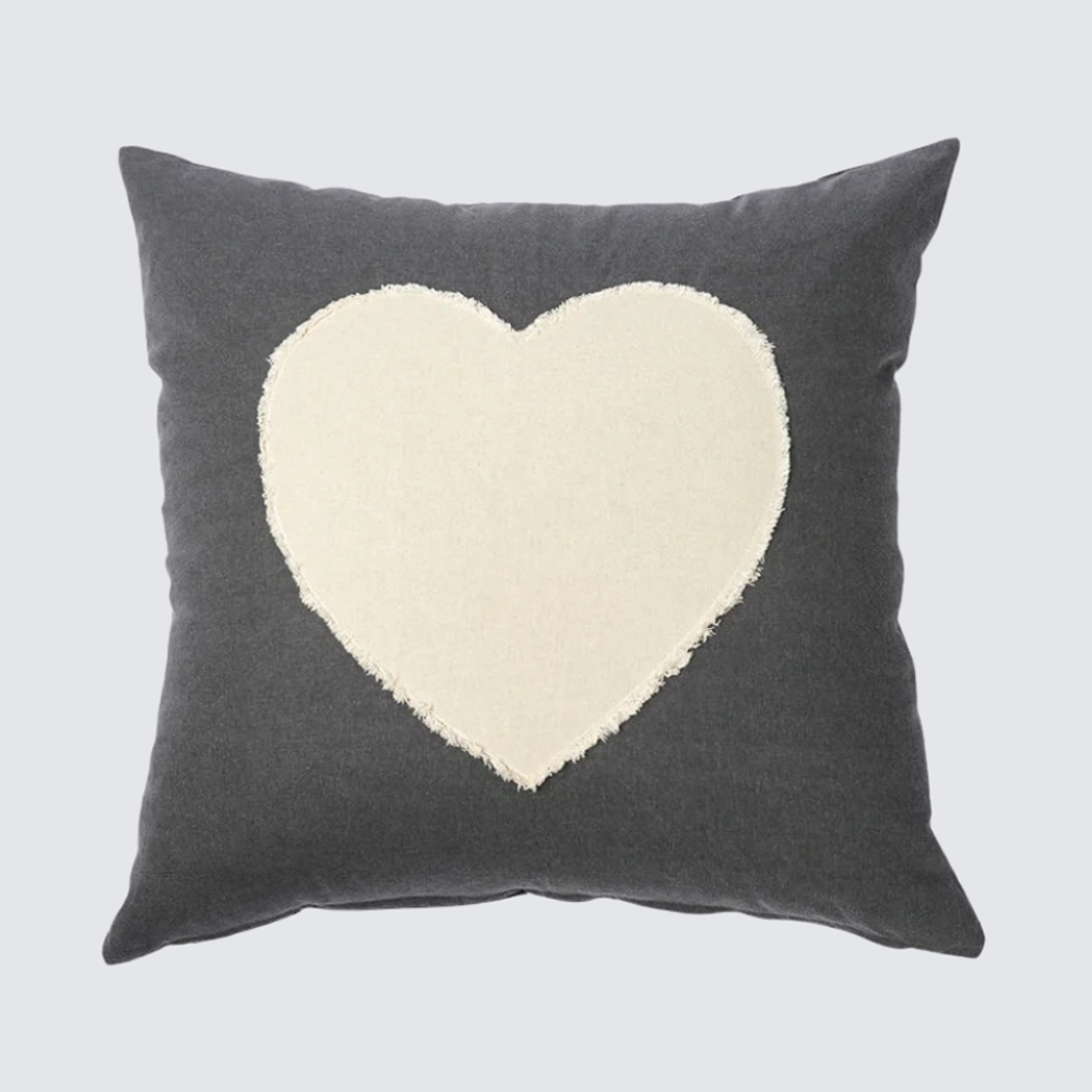 Ccch1320 | Amity Home Dark gray throw pillow with a large cream heart appliqué in the center
