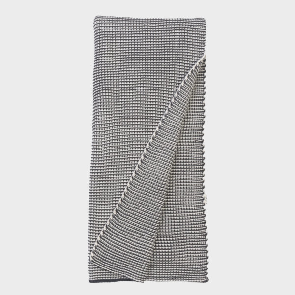 Woven black-and-white checkered blanket folded with a corner turned over to show texture.