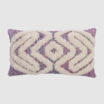 Rectangular decorative pillow with a cream raised geometric pattern on a purple striped fabric