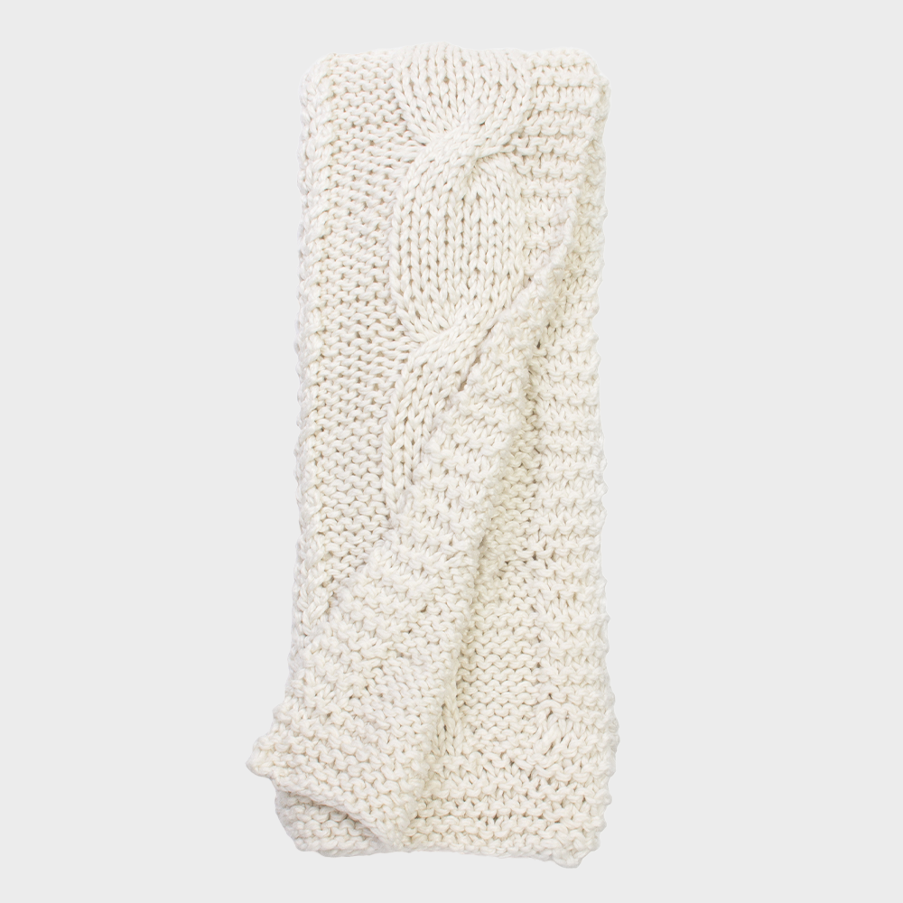 Rp791wth | Amity Home Cream chunky knit scarf folded with a cable pattern on a light background