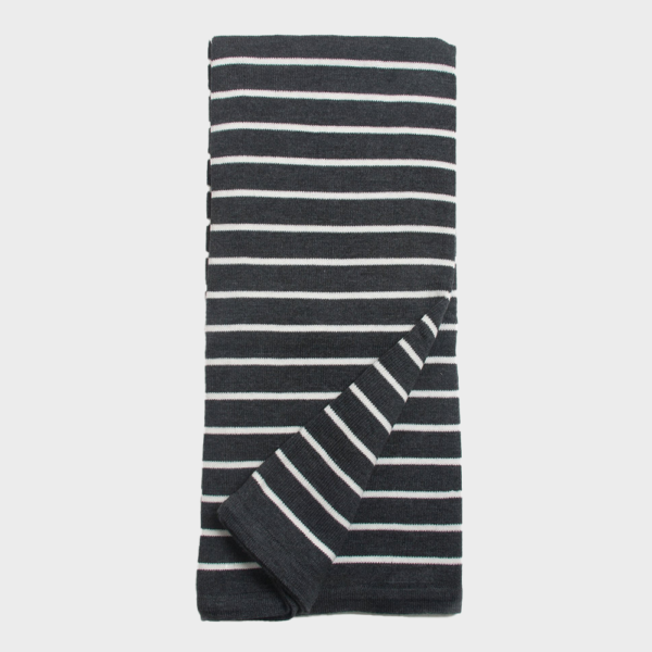 Dark blue towel with white horizontal stripes, folded neatly.