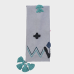 Lavender scarf with teal tassels on ends and abstract embroidery along its length