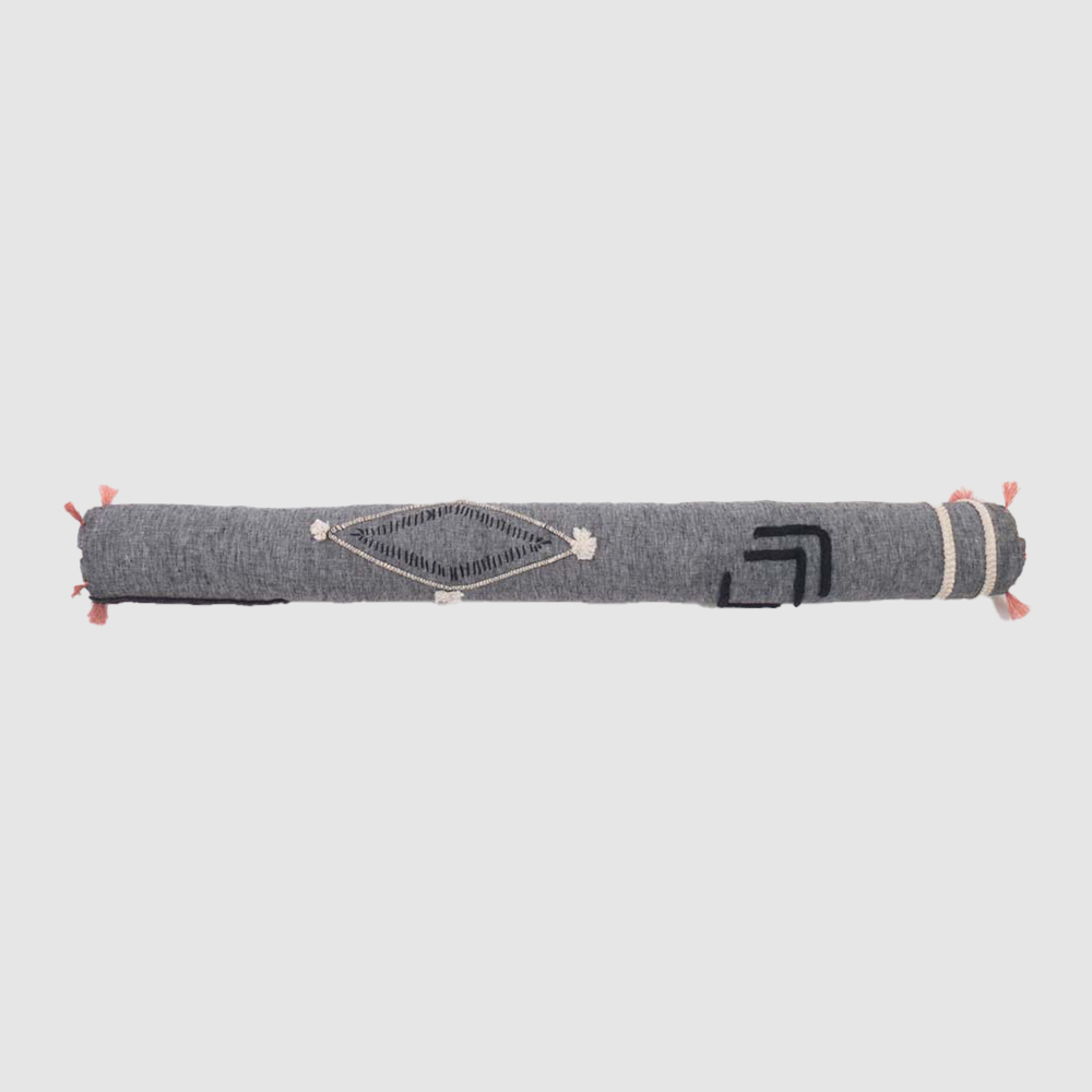 Cc987pb | Amity Home Rolled gray woven towel with pink tassels at both ends and diamond embroidery in the center
