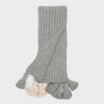 Gray chunky knit scarf with fringe tassels at the ends folded over itself