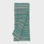 Teal woven textile folded with cream stripes and fringe along the edges likely a towel or throw blanket