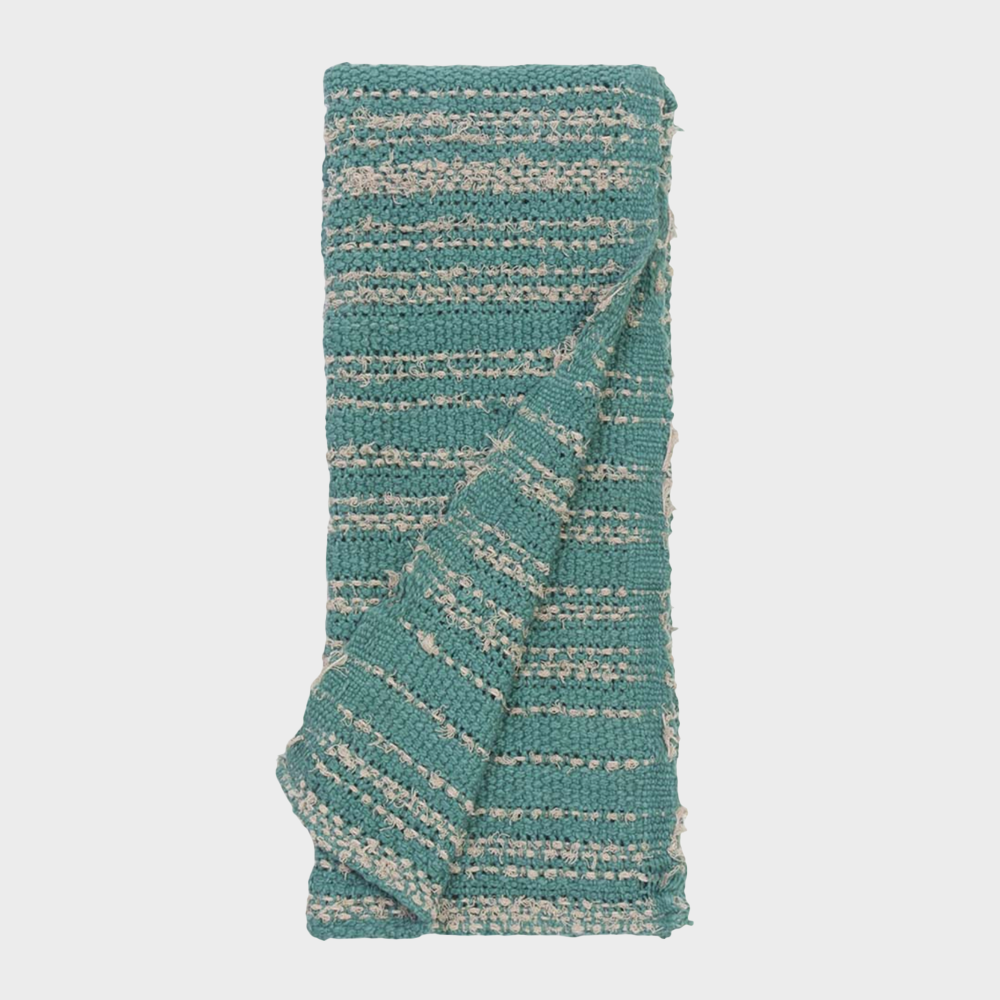Svm245tth | Amity Home Teal woven textile folded with cream stripes and fringe along the edges likely a towel or throw blanket