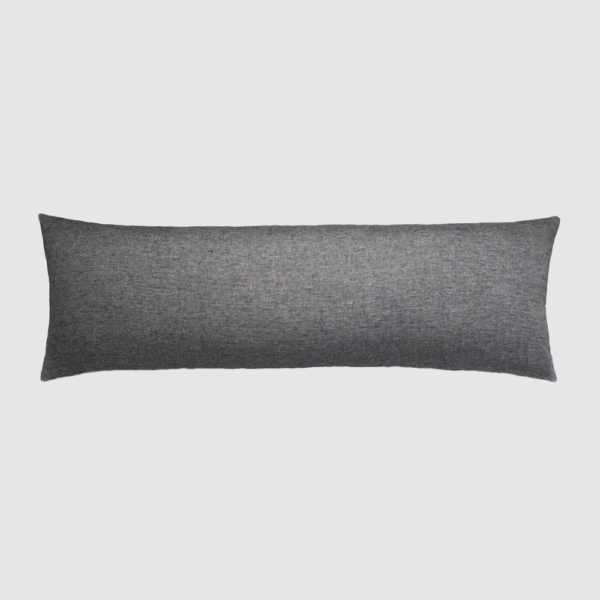 Charcoal gray rectangular throw pillow with textured fabric on a light background