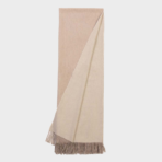 Beige scarf with fringed ends folded in half for display showing soft texture and diagonal fold