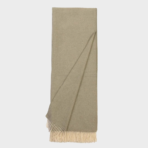 Beige scarf with fringed ends laid flat showing a simple woven texture and neutral color