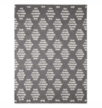 Gray rug with a repeating white tufted oval pattern on a dark background decorative area rug