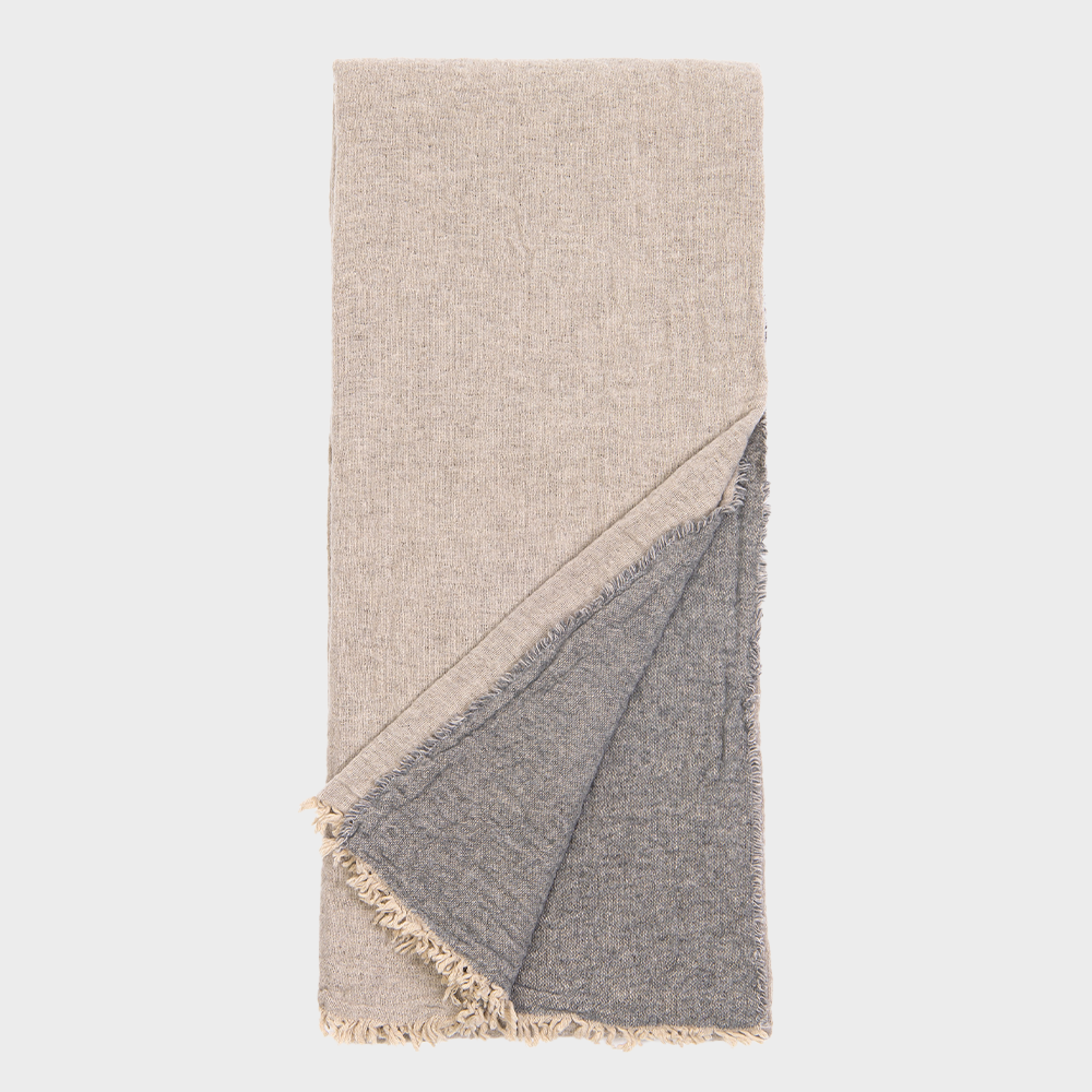 Vd101csth | Amity Home Beige folded throw blanket with a gray fringed underside showing on the corner edge