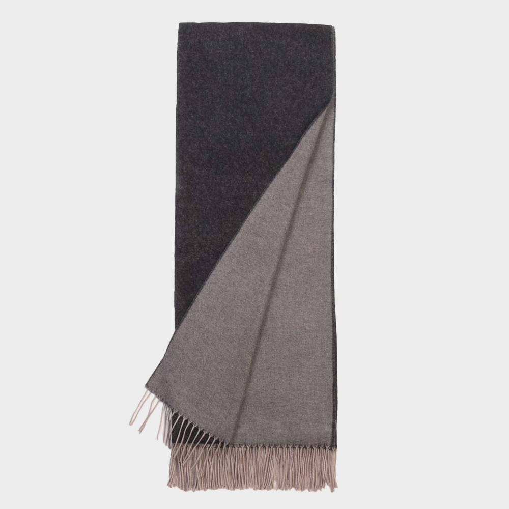 Dunn | Amity Home Two tone scarf with dark charcoal and light gray halves and fringed ends