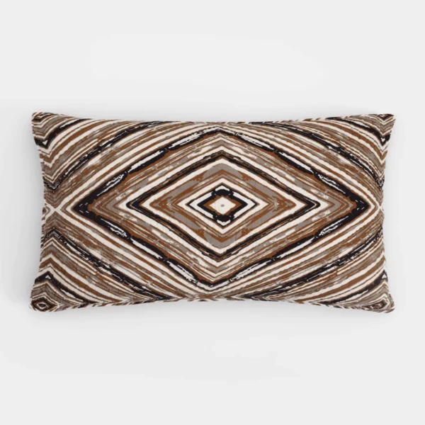Decorative throw pillow with a brown black and white geometric pattern on a white background