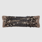Decorative rectangular sequin pillow with black and beige reversible sequins laid flat on a light gray background