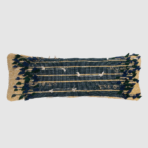Decorative woven textile runner with navy blue and beige stripes and leafy blue green fringe along the edges