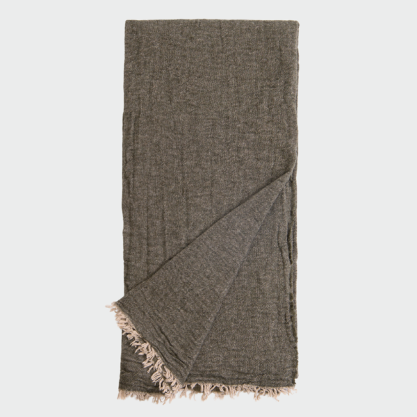Dark brown woven scarf with beige fringe at the ends, folded and laid flat on a light background.